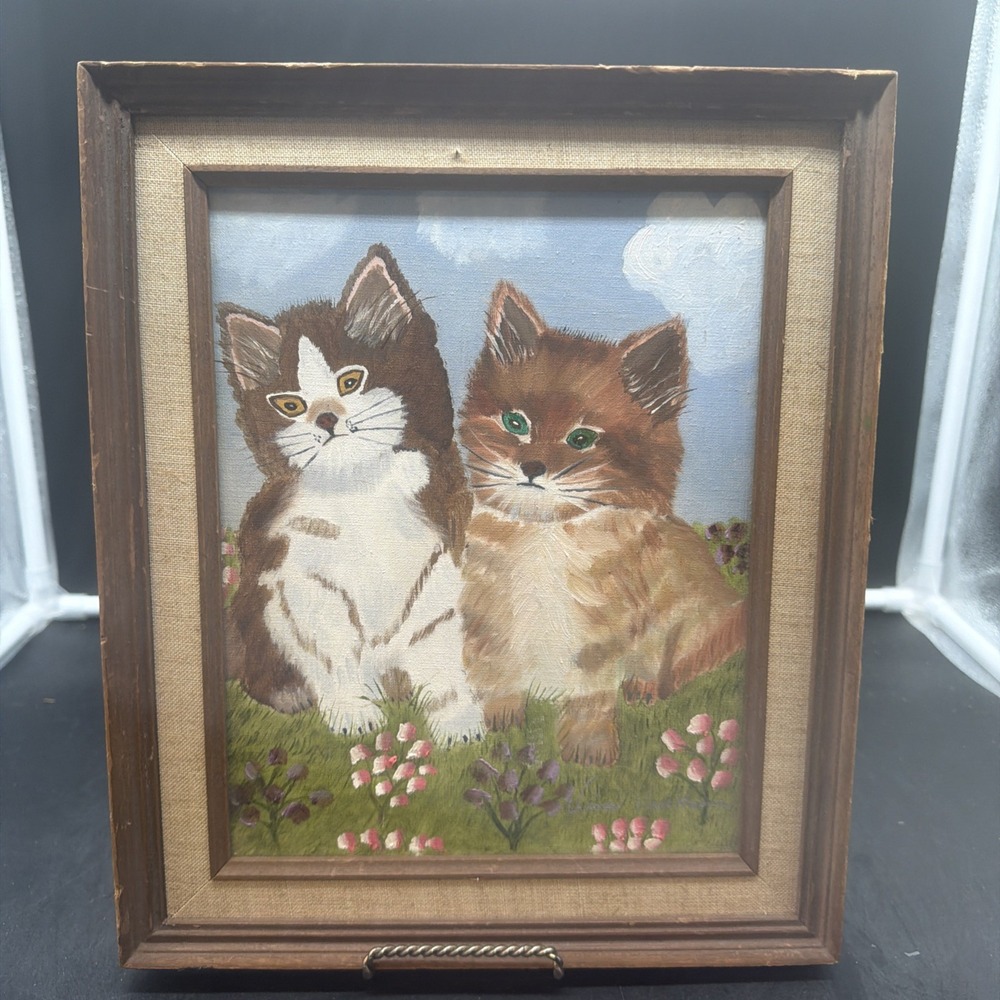 VTG Painting Cats Kittens Framed Kitty Canvas Wall Decor